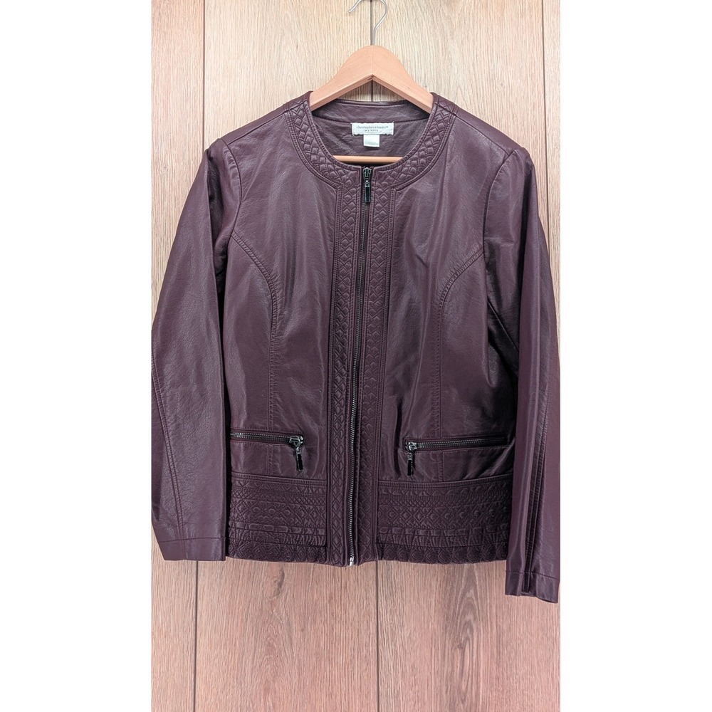 Christopher & Banks Petite Faux Leather Jacket P/S Burgundy Embossed Zip Front